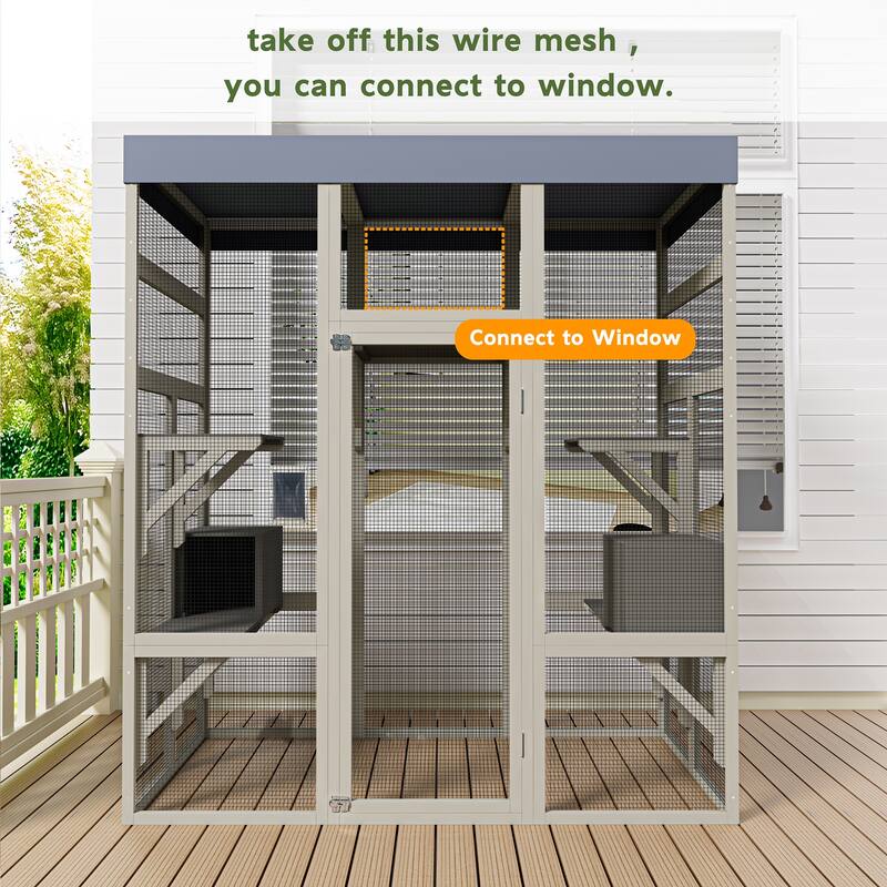 Large Outdoor Wooden Catio Cat Enclosure, Cat House with Weatherproof Roof, Cats Shelter with 5 Platforms & 2 Resting Box
