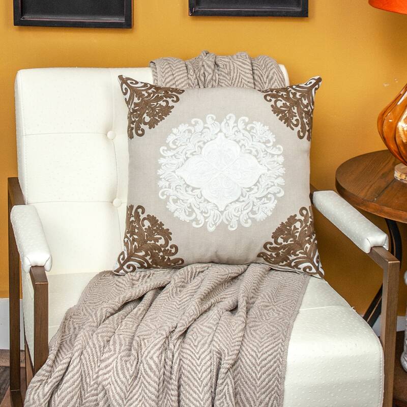 20" Beige Cotton Damask Throw Pillow
