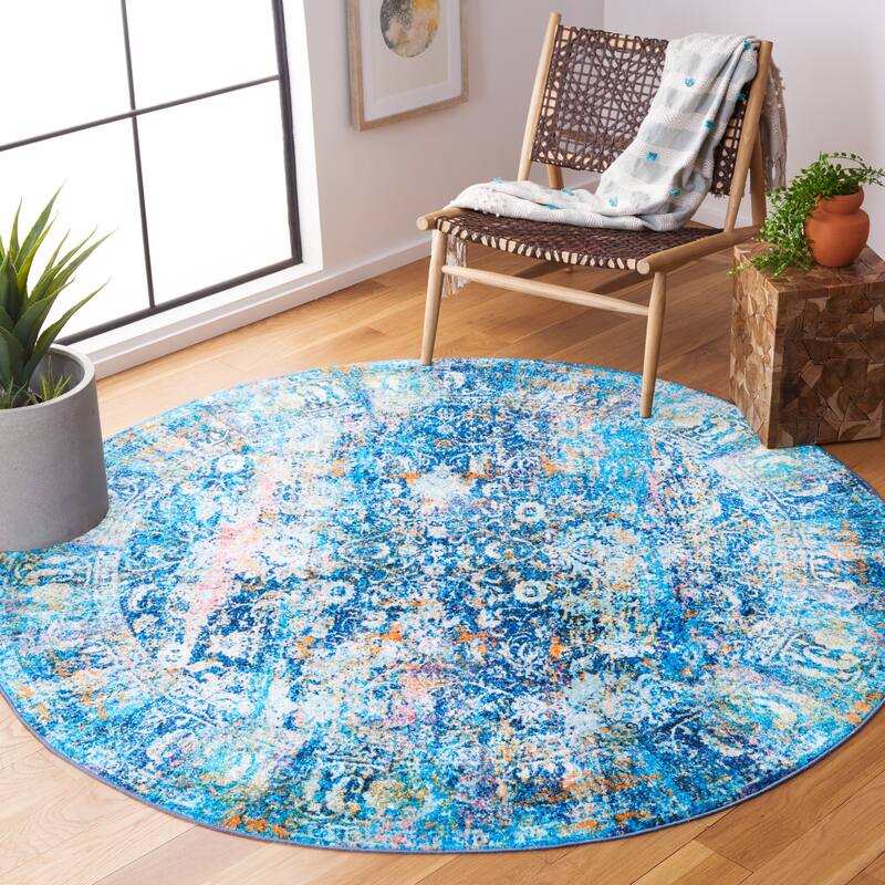 SAFAVIEH Bahia Mansueta Washable Slip Resistant Sybille Overdyed Rug - 6'7" Round - Blue/Gold