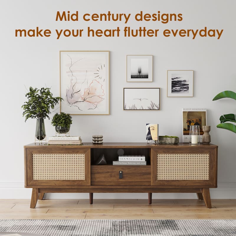 Rattan TV Stand for TVs, Wood TV Stand Mid Century Modern TV Stand TV Media Console with Drawer and 2 Cabinets