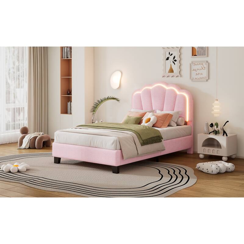 Twin Size Flower-Shape Upholstered Bed with LED Light Strip, Adjustable Headboard, Pink