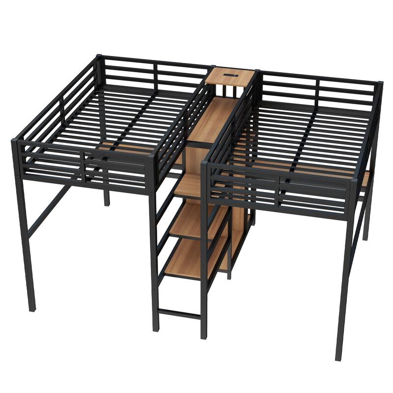 Twin-over-Twin Metal Loft Bed with Double Desks, Wardrobe and Electrical Outlets