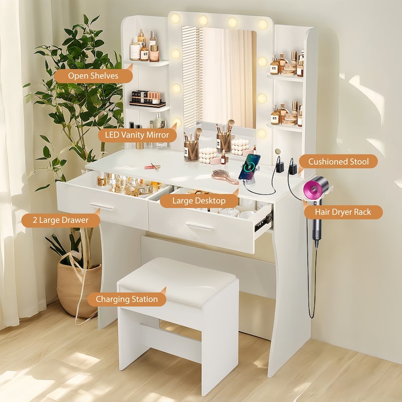 Makeup Vanity with Power Outlet & Hair Dryer Rack