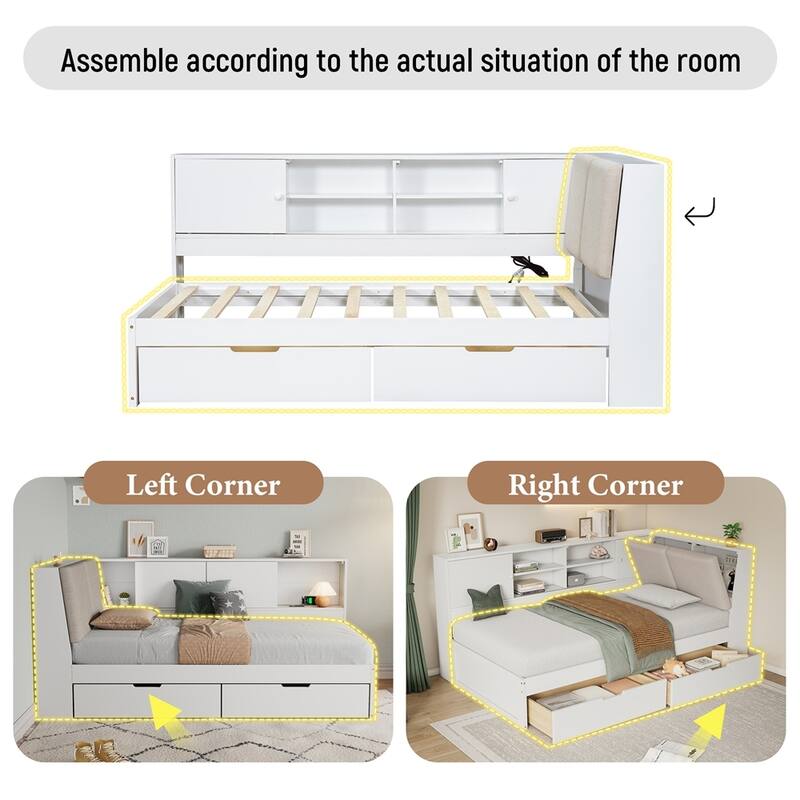 Wooden L-shaped Daybed Corner Bed with Storage Bookcase and USB Charging Ports