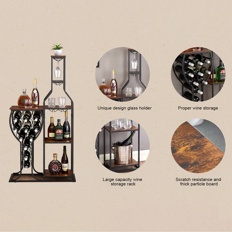 11-Bottle Rustic Brown Wine Rack 5 Tier Freestanding Wine Bakers Rack with Hanging Wine Glass Holder and Storage Shelves