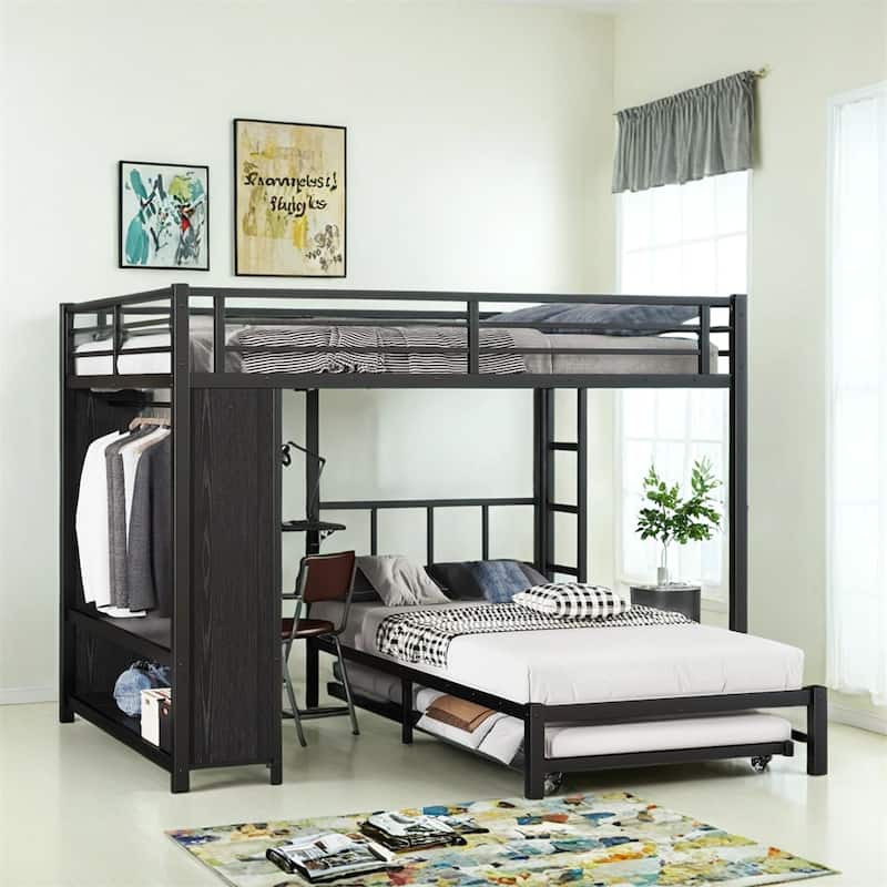 Queen Over Twin Bunk Bed w/Built-in Wardrobe,Metal Bunk Bed w/Trundle
