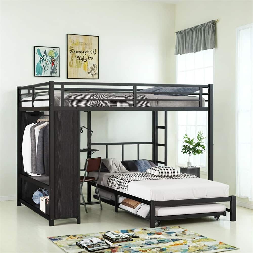 Queen Over Twin Bunk Bed w/Built-in Wardrobe,Metal Bunk Bed w/Trundle