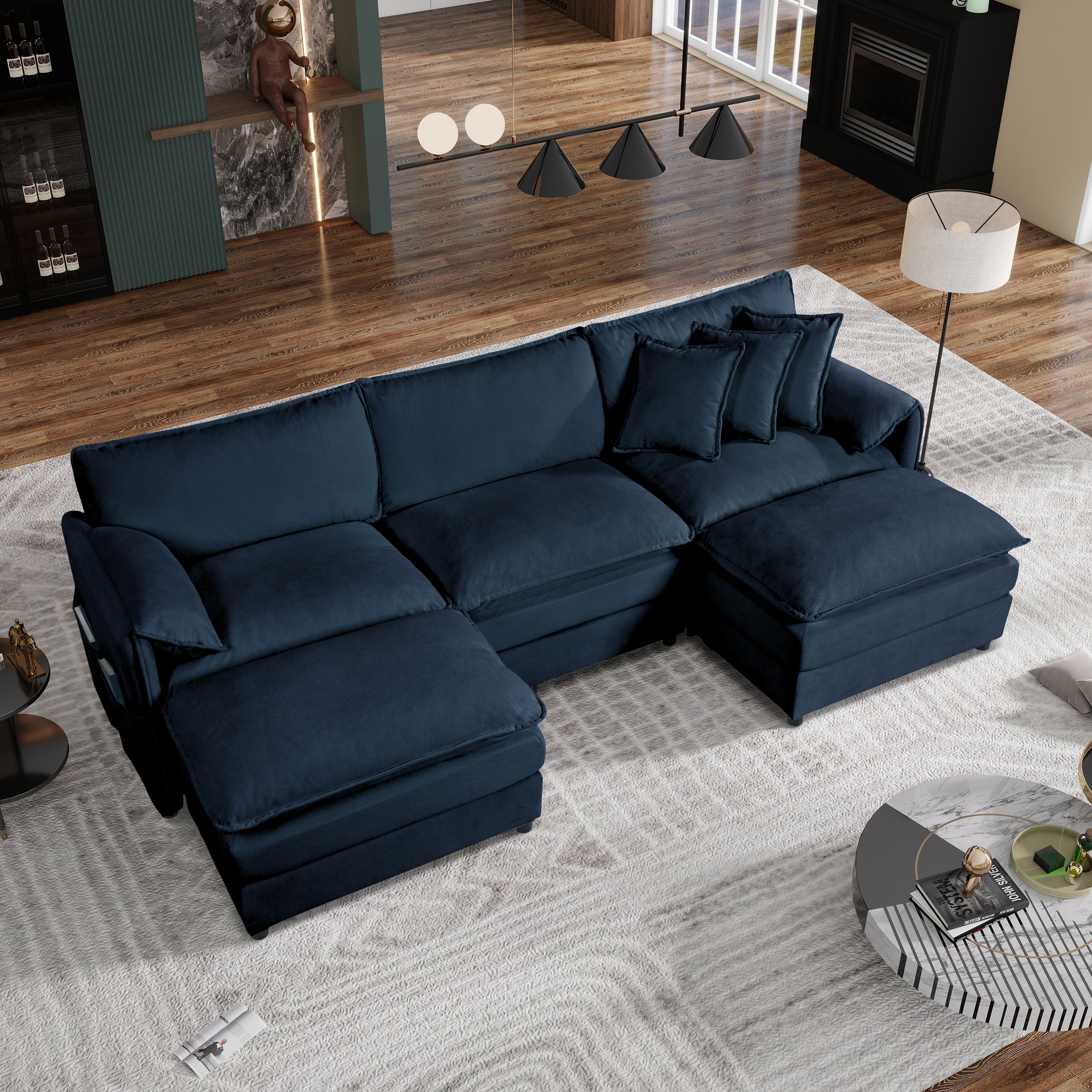 U-shaped Chaise Sectional Sofa Chenille Modular Couch with Thickened Seat Cushions, Armrest Pillows and Side Pockets