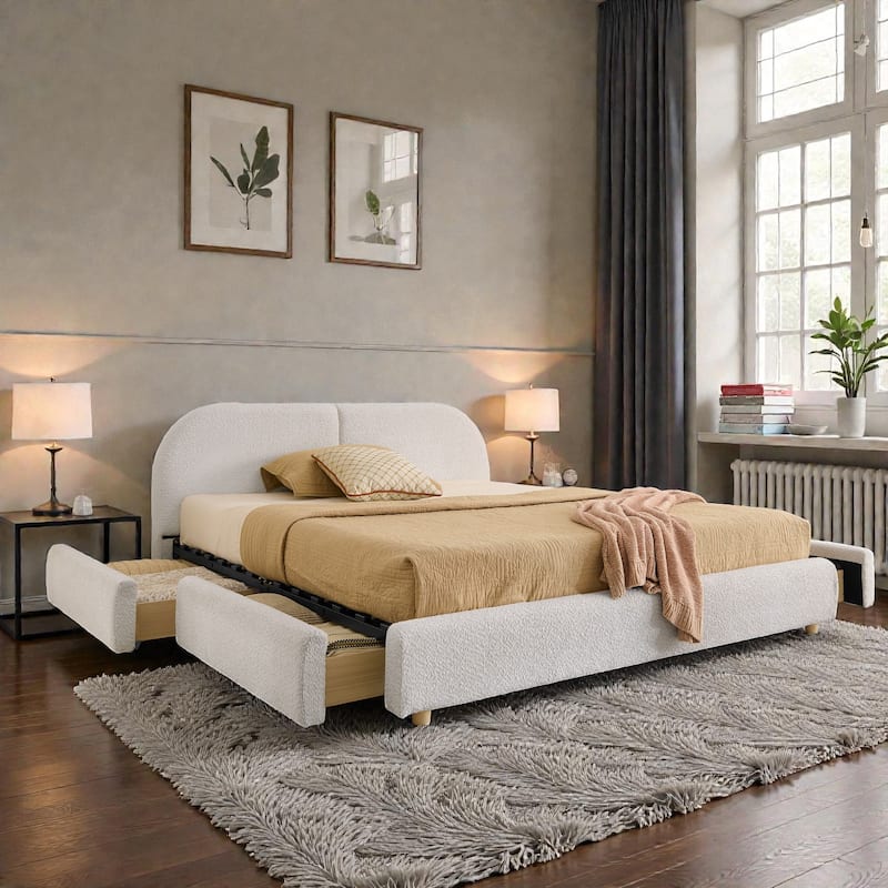 Upholstered Bed Frame with Tall Curved Headboard and Storage Drawers, Modern Minimalist Platform Bed No Box Spring