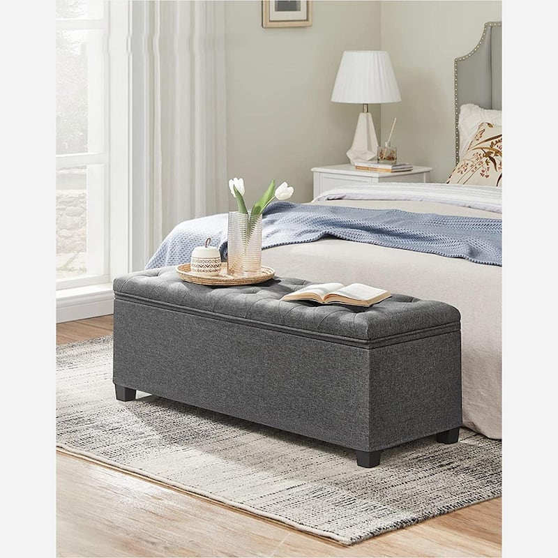 Gray Fabric Storage Ottoman Bench with Wooden Legs, Supports Up to 660 lbs