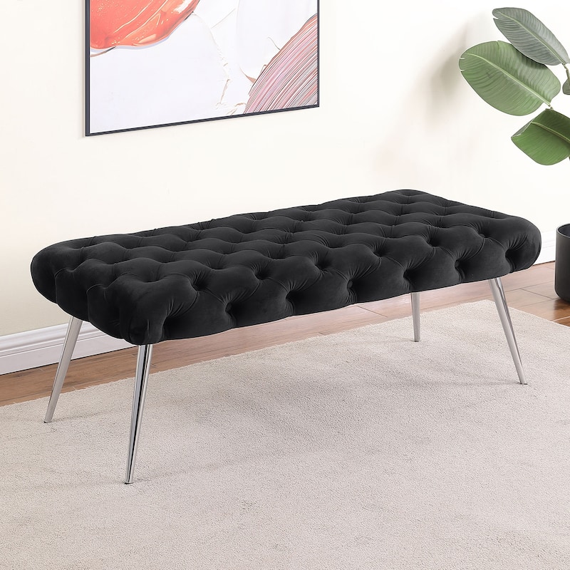 Velvet and Metal Bench with Button-Tufting Design