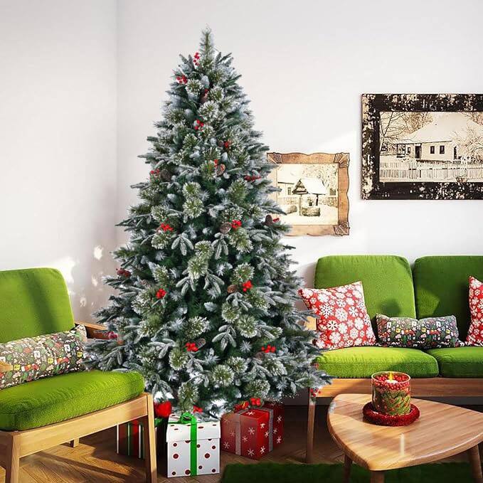 Artificial Christmas Tree 8Ft Snow Frosted Xmas Tree Pre-Decorated Christmas Tree with Pinecones & Berries Metal Stand - Green