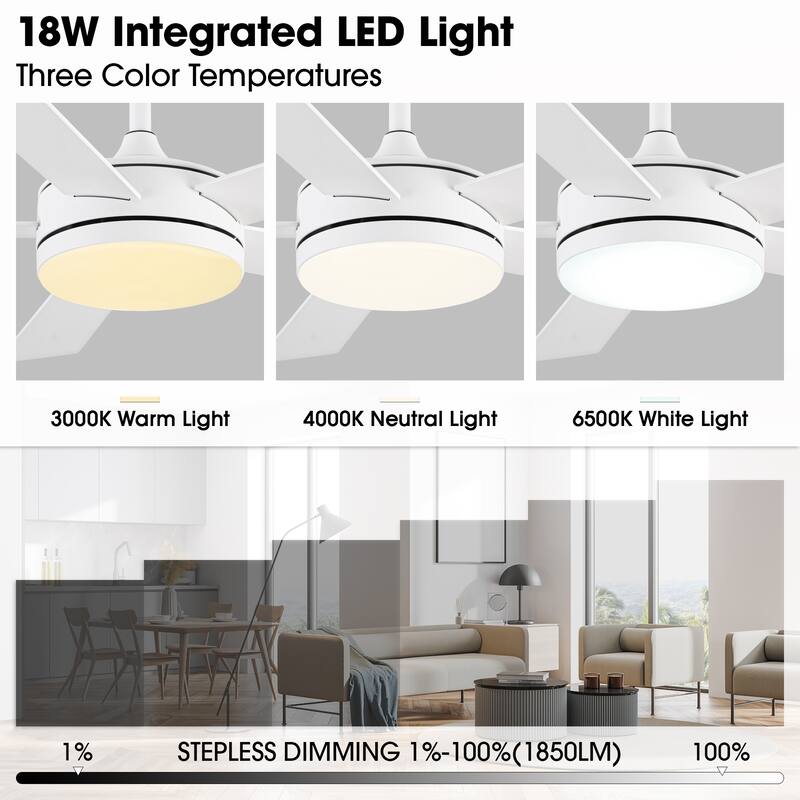 48" Modern White Bedroom Smart LED Ceiling Fan with Remote and App