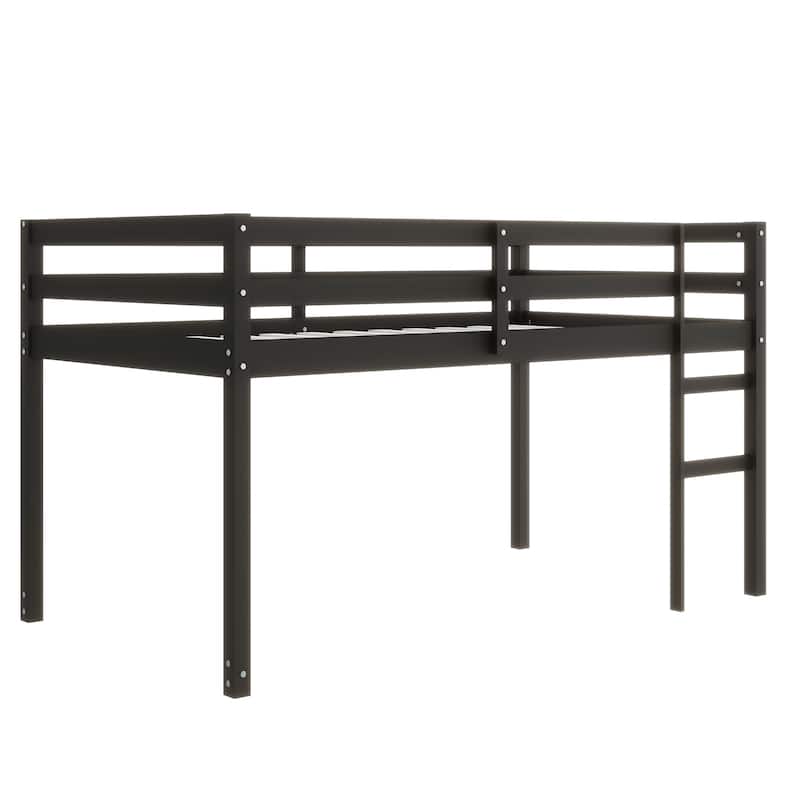 Twin size Rubber Wood Loft Bed with Ladder, 13 Strengthened Slats and Safety Guardrails