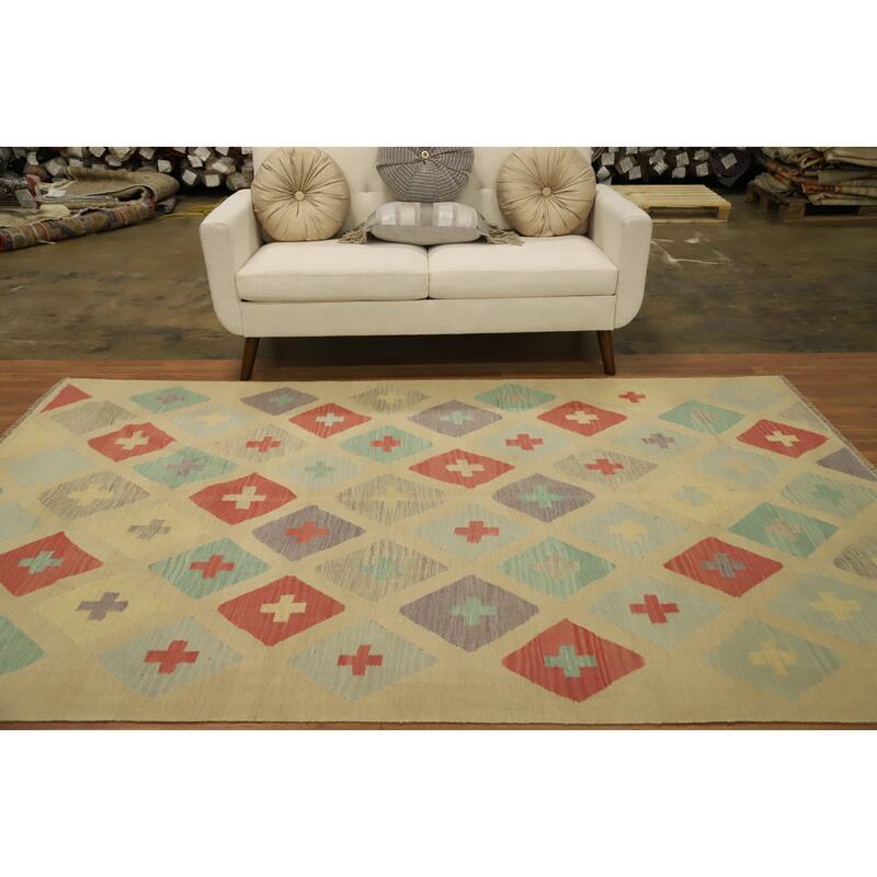 Hand Woven Oriental 100% Wool Carpet Southwestern Modern Beige & Ivories Kilim Area Rug - 9' 1'' X 5' 11''