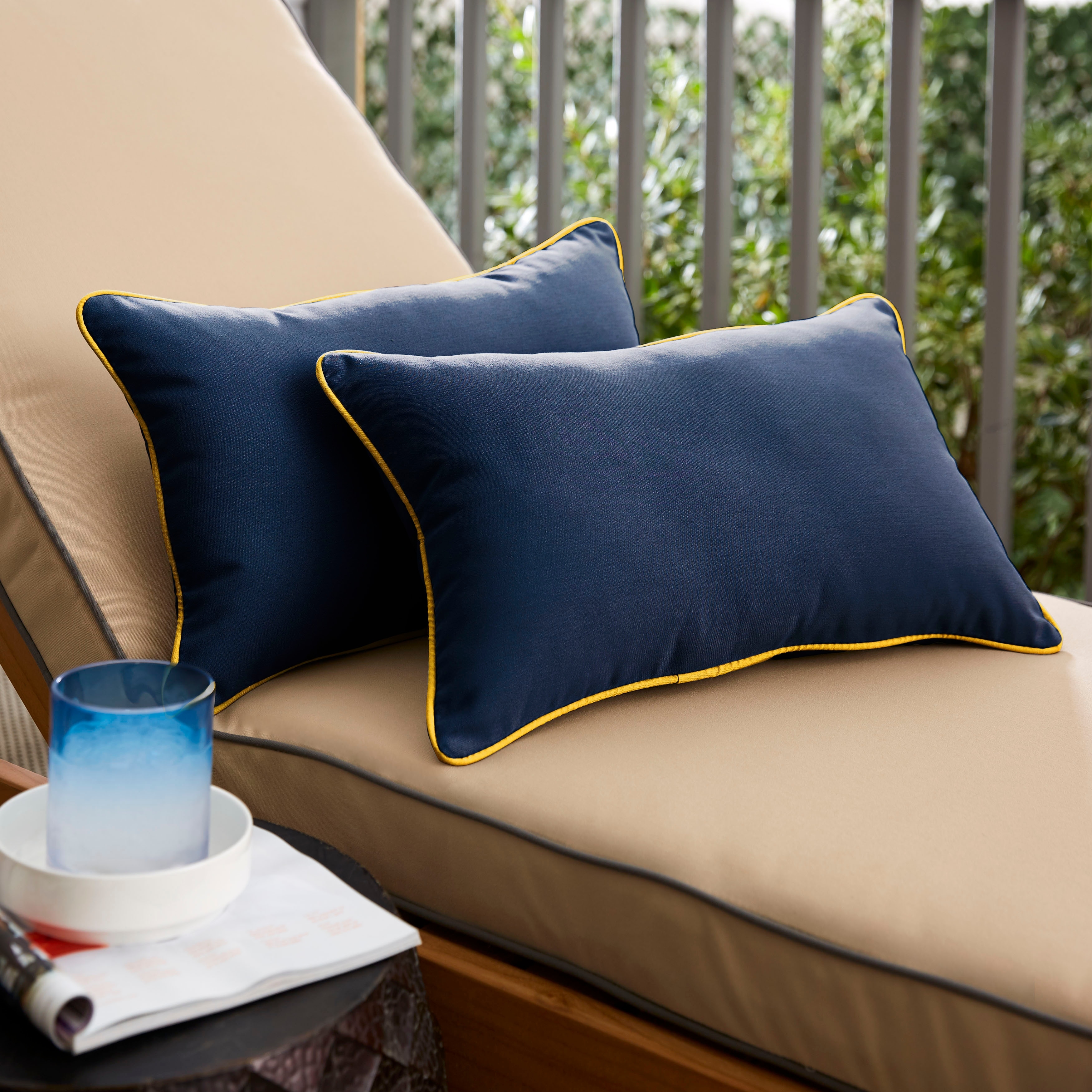 Navy blue and shop yellow outdoor pillows
