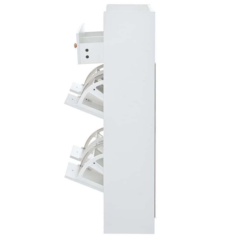 Modern White Two-tier Shoe Cabinet with 4 Flip Drawers - 9.4"W x 47.24"H x 50.7"D