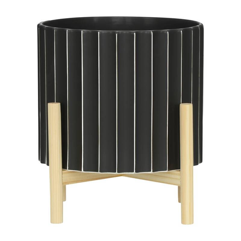 Ceramic Fluted Planter with Wood Stand - Black
