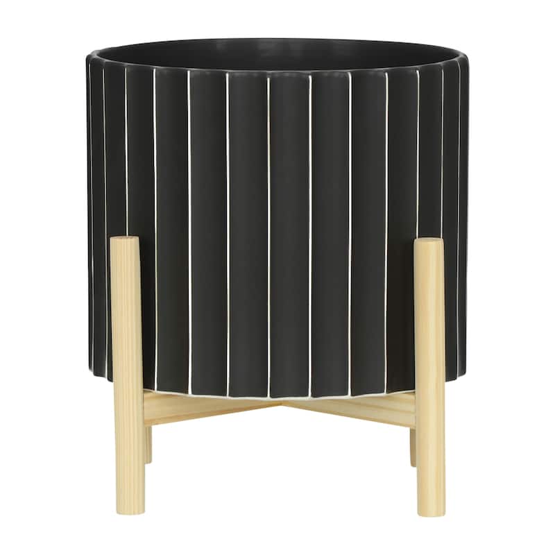 Sagebrook Home Black and Striped Planter with Wooden Base - 10"x10"x11" - Black