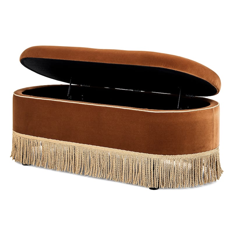 Melinda 48.5" Upholstered Tufted Oval Storage Bench with Bullion Fringe