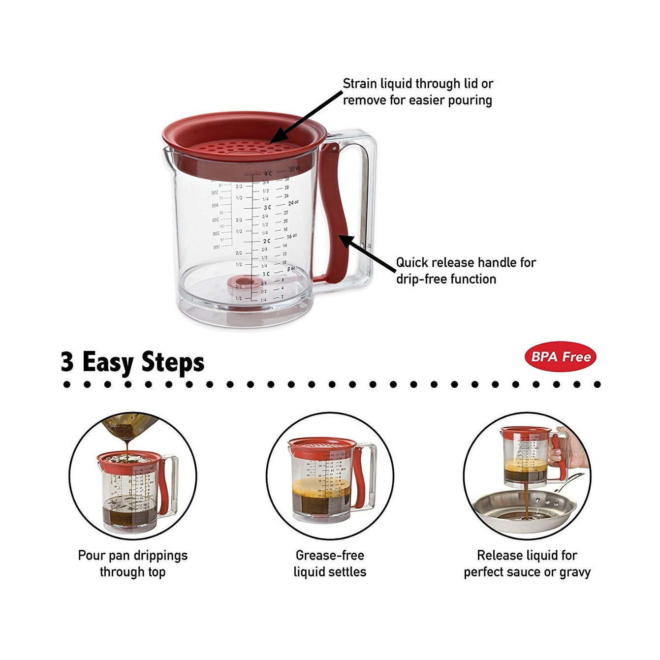 Fat Separator with Bottom Release, 4 Cup Oil Gravy Separator with Scale,  32oz Grease Separator with Measuring Cup and Filter