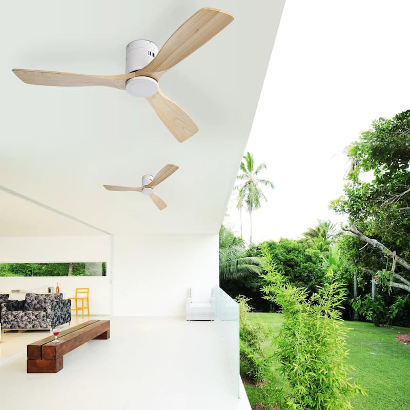 52 Inch Flush Mount Ceiling Fan 3 Solid Wood Fan Blade Noiseless Reversible DC Motor Smart Remote Control For Living Room