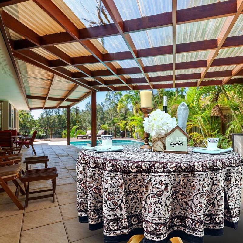 Earthen Vintage Floral Block Print Cotton Tablecloth Collection - 72-in Round