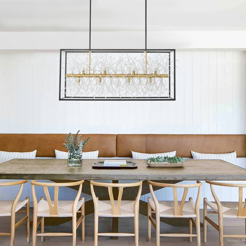 Farmhouse 12-Light Rectangle Metal Frame Kitchen Island Chandelier with Crystal Branch Inside