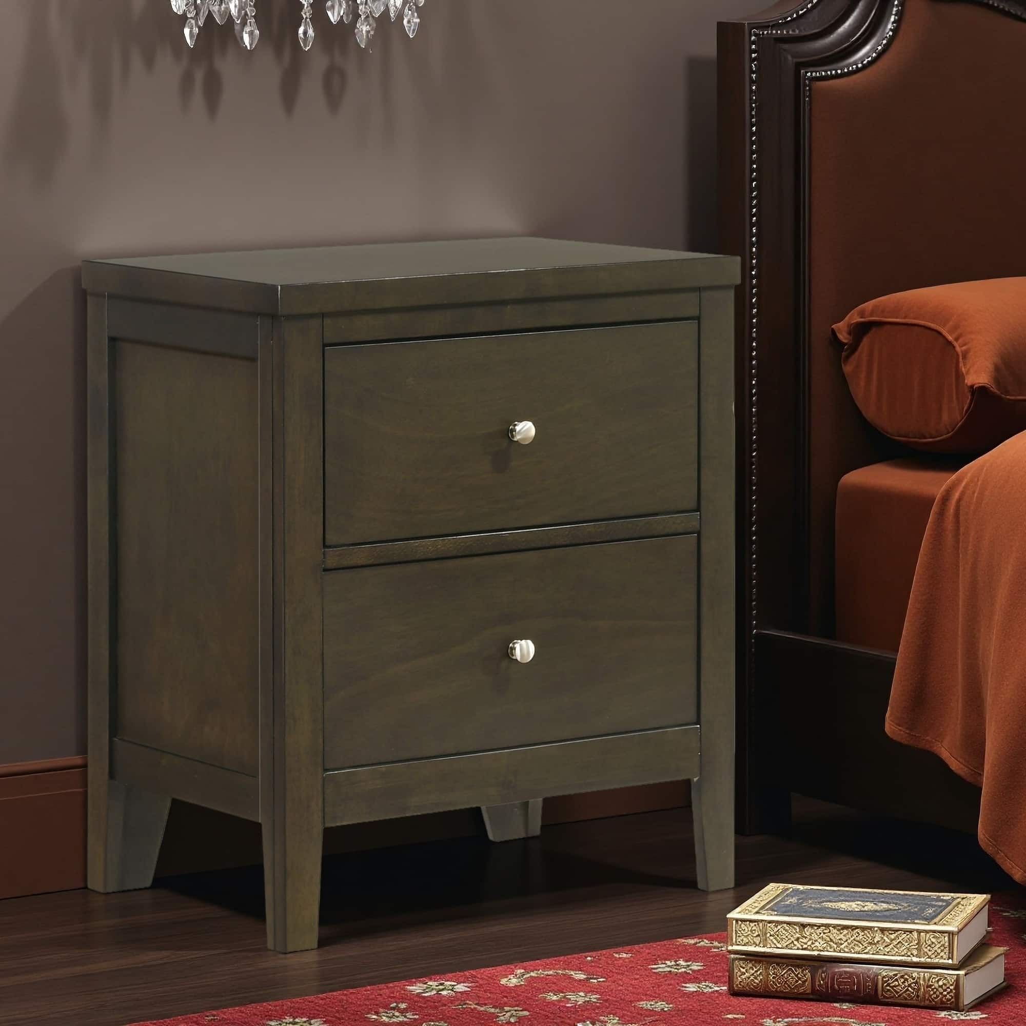 21.75"L Wood Nightstand with 2 Deep Drawers - Dark Cocoa Finish with Brushed Nickel Hardware