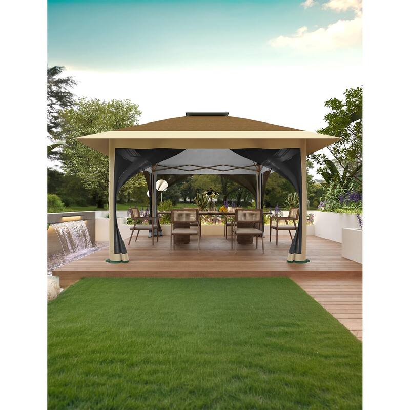 12' x 12' Outdoor Gazebo, Heavy Duty Double Roof Patio Gazebo with Netting and Curtains
