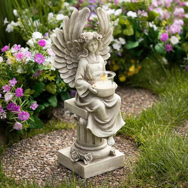17" Peaceful Angel on Pedestal Candle Holder Outdoor Statue