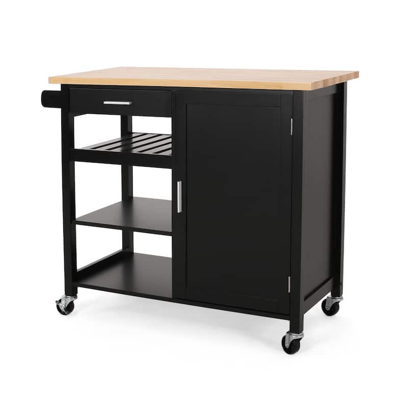 Modern Kitchen Cart with Rubberwood Top, Storage Drawer, Open Shelving, Includes Rolling Casters with Locks