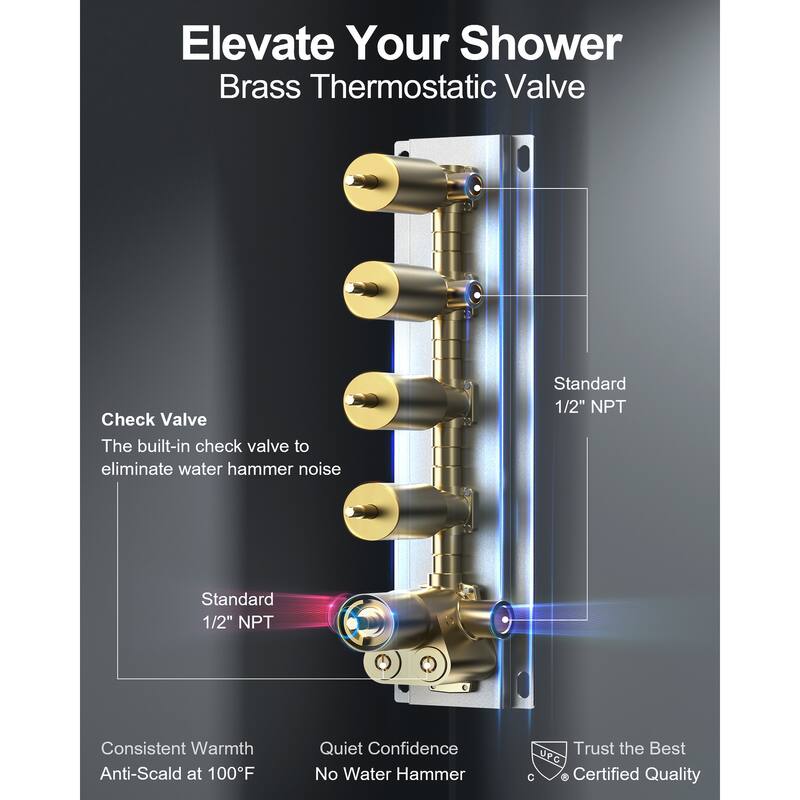 GRANDJOY Shower System Dual Shower Heads 16" and 6" Wall Mounted High Pressure Handheld Spray 6 Body Jets Thermostatic