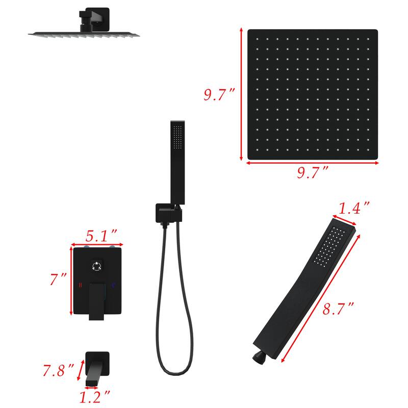 Matte Black Concealed Shower System with 9.7” Rainfall Shower Head, Handheld Shower & Tub Spout