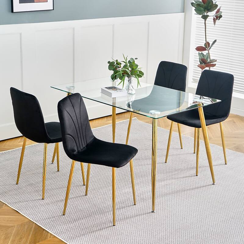 Modern Light Luxury Flannelette Dining Chair with Gold Metal Legs(set of 4) - Black