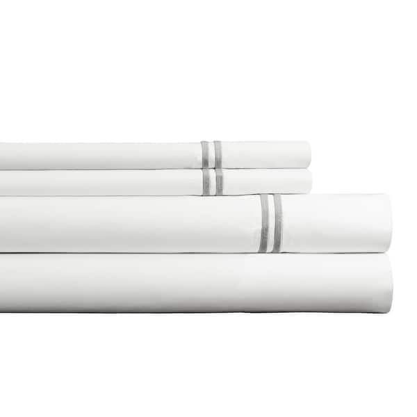 slide 2 of 9, Pointehaven 300 TC Percale 100% Long Staple Cotton Cooling Double Satin Embroidered Stitch Oversized Sheet Set King - White-Silver