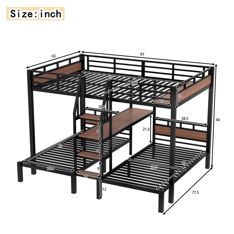 1+2 Sleeping Layout, Triple Bunk Bed for Multi Children with Stairs and Shelf, Queen Over Twin Over Twin Metal Bed Frame