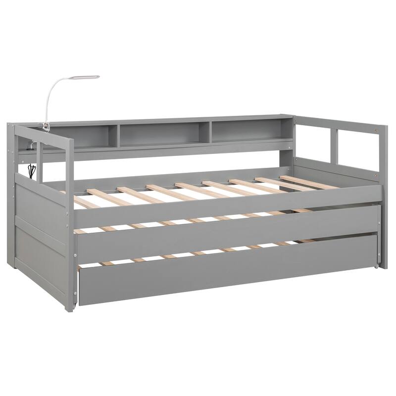 Roomfitters Twin XL Daybed with Dual Trundles, USB Charging Ports and Three Built-In Storage Cubbies, Gray