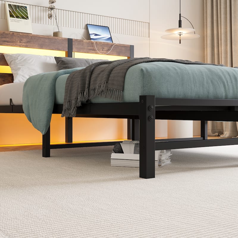 Full Size Modern Metal Bed with Wooden Headboard, RGB Lights, and Storage Shelf