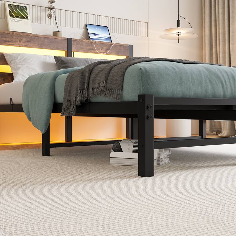 Metal Bed Frame with Wooden Headboard, RGB Lights, Charger, Storage Shelf