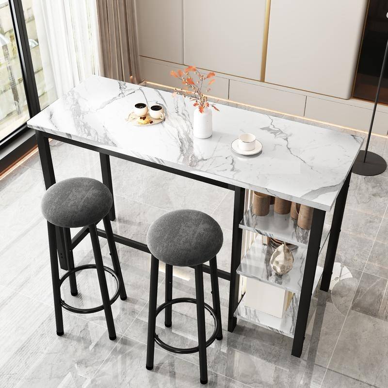 Grondin Modern Contemporary Faux Marble 3 Piece Bar Table Set with 2 Upholstered Stools and Extra Storage Shelves