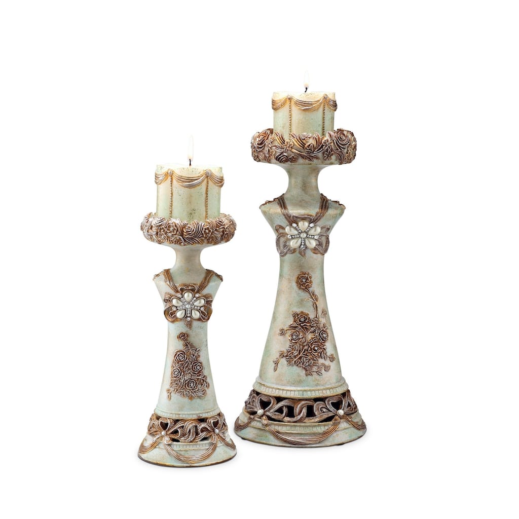 HomeRoots Set of 2 Beige And Brown Vintage Pillar Tabletop Candle Holders - 14