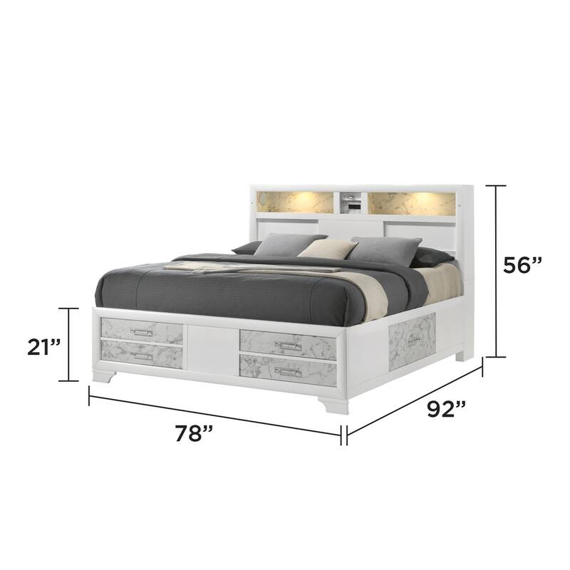Soul Contemporary Queen/King Bed - White Finish, Marble Accents, Built-in Lighting, Storage Drawers, USB-C & Bluetooth Speakers