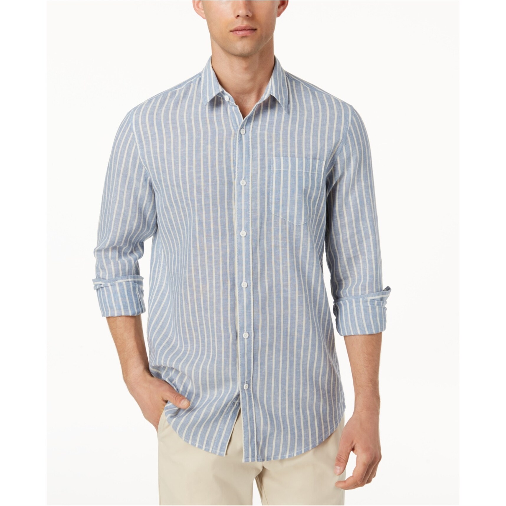 Shop American Rag Mens Chevy Linen Striped Button Up Shirt Blue