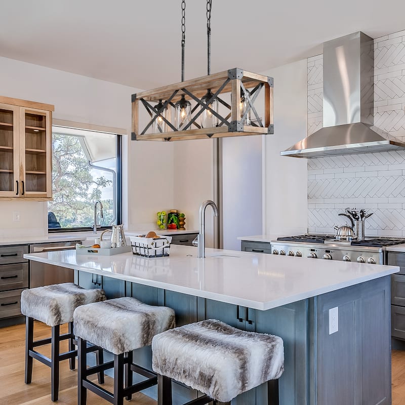 Modern Farmhouse 4-Light Wood Cage Chandelier Glass Shade Kitchen Island Lights - Taupe - L27.5"xW10"xH80.5"