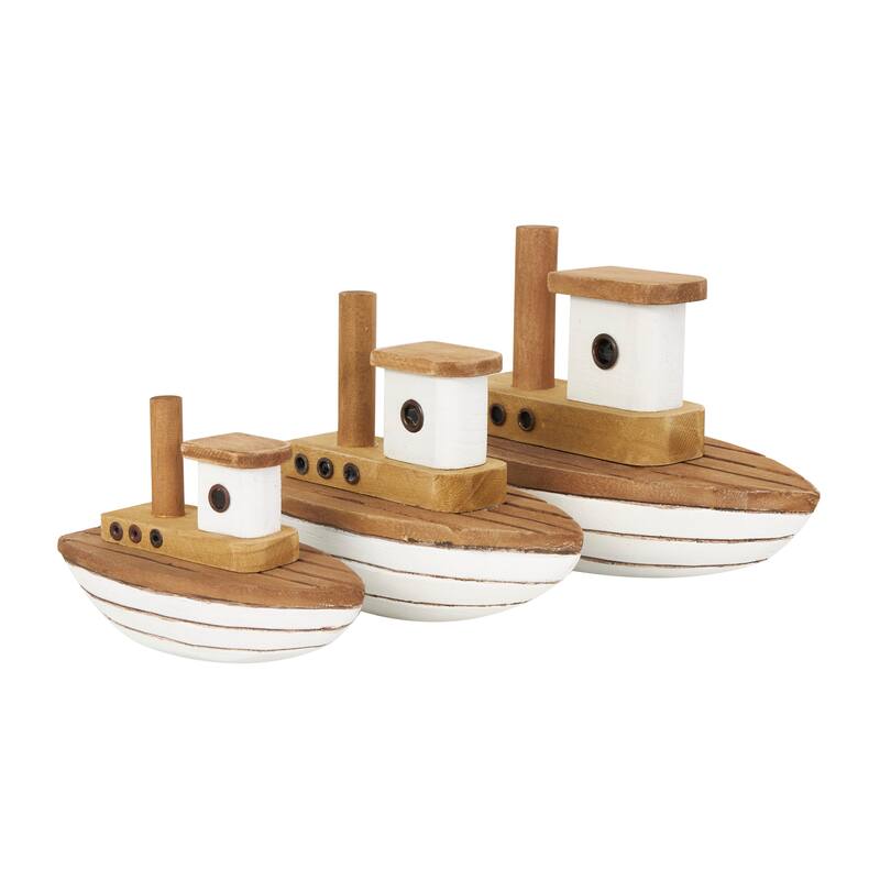 Wood Boat Handmade Sculpture with White Accents - Set of 3 Brown - Roche River Decor - 4"W x 9"L x 6"H
