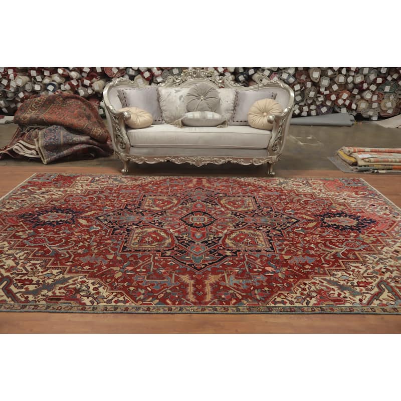 Hand Knotted Oriental 100% Wool Carpet Traditional Medallion Oranges & Rust Heriz (serapi) Area Rug - 11' 9'' X 8' 6''