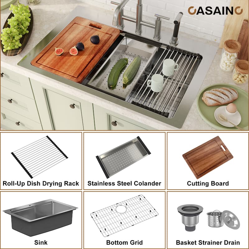 33 in. Drop-in Single Bowl Brushed Stainless Steel Workstation Kitchen Sink with Accessories, cUPC Certified
