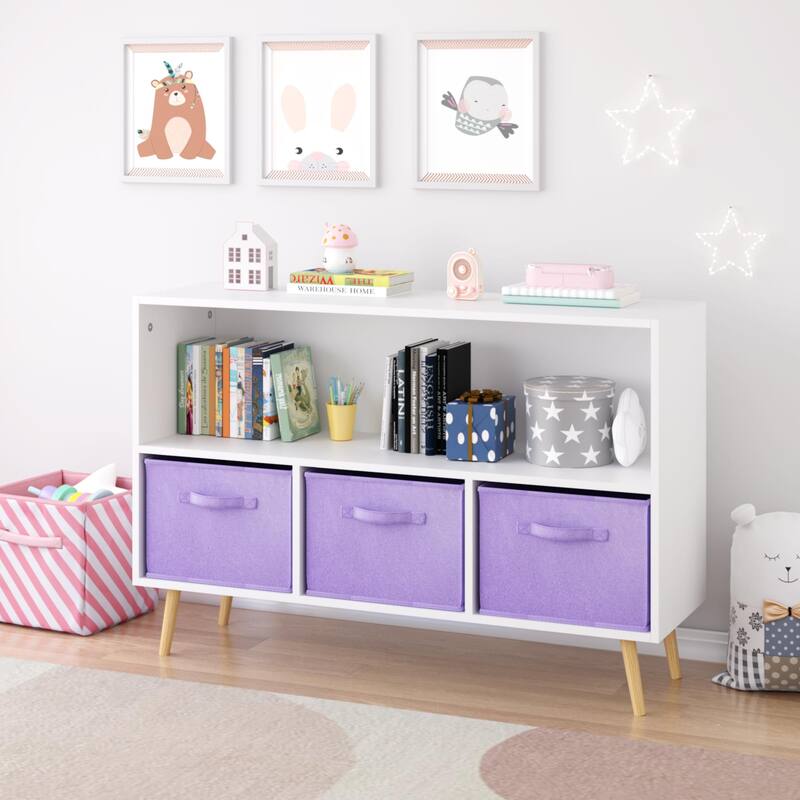 Kids Bookcase With Collapsible Fabric Drawers, Children'S Book Display, Toy Storage Cabinet Organizer,White/Purple