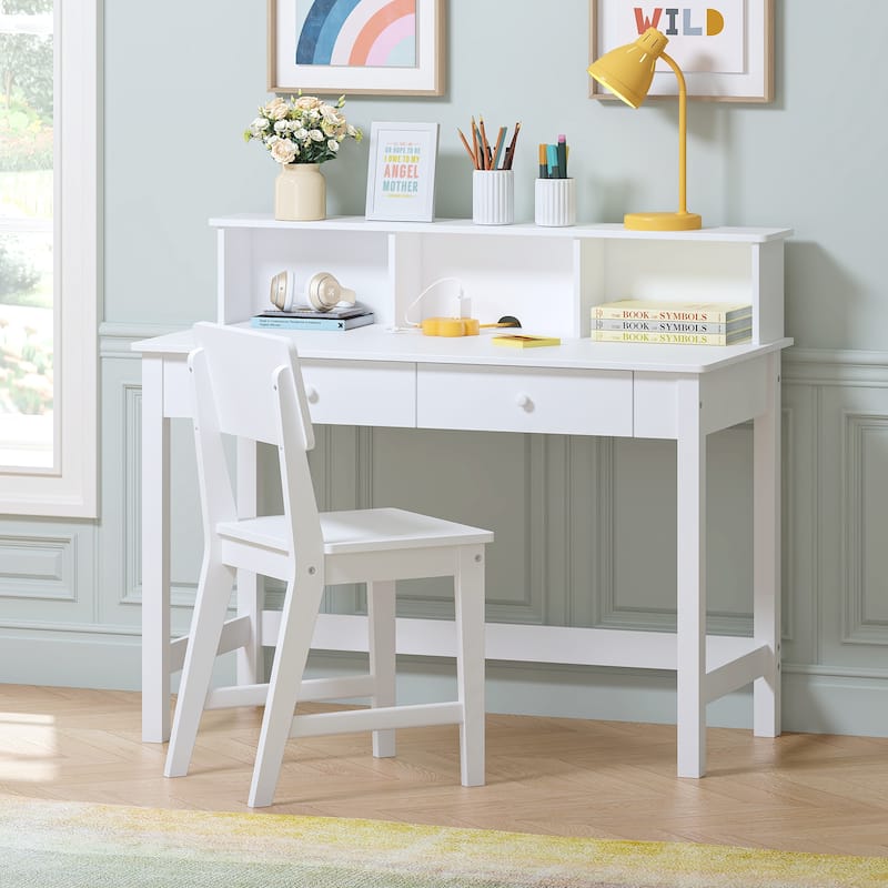 COSTARS Kids Desk and Chair Set with Hutch, Wooden Study Table for 5–12 Years Old, Student Writing Desk and Computer Workstation